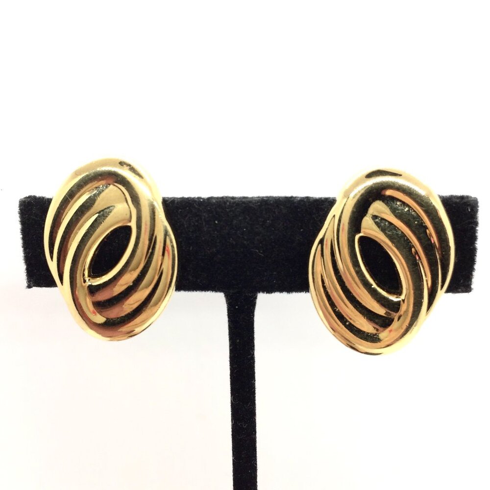 Vintage Monet Gold Tone Earrings Clip On Swirl Oval 80s Statement